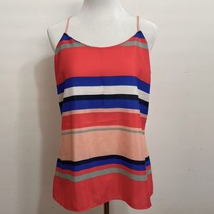 J. Crew Factory Pink Coral Blue White Stripes Racerback Sheer Tank Top Size 10